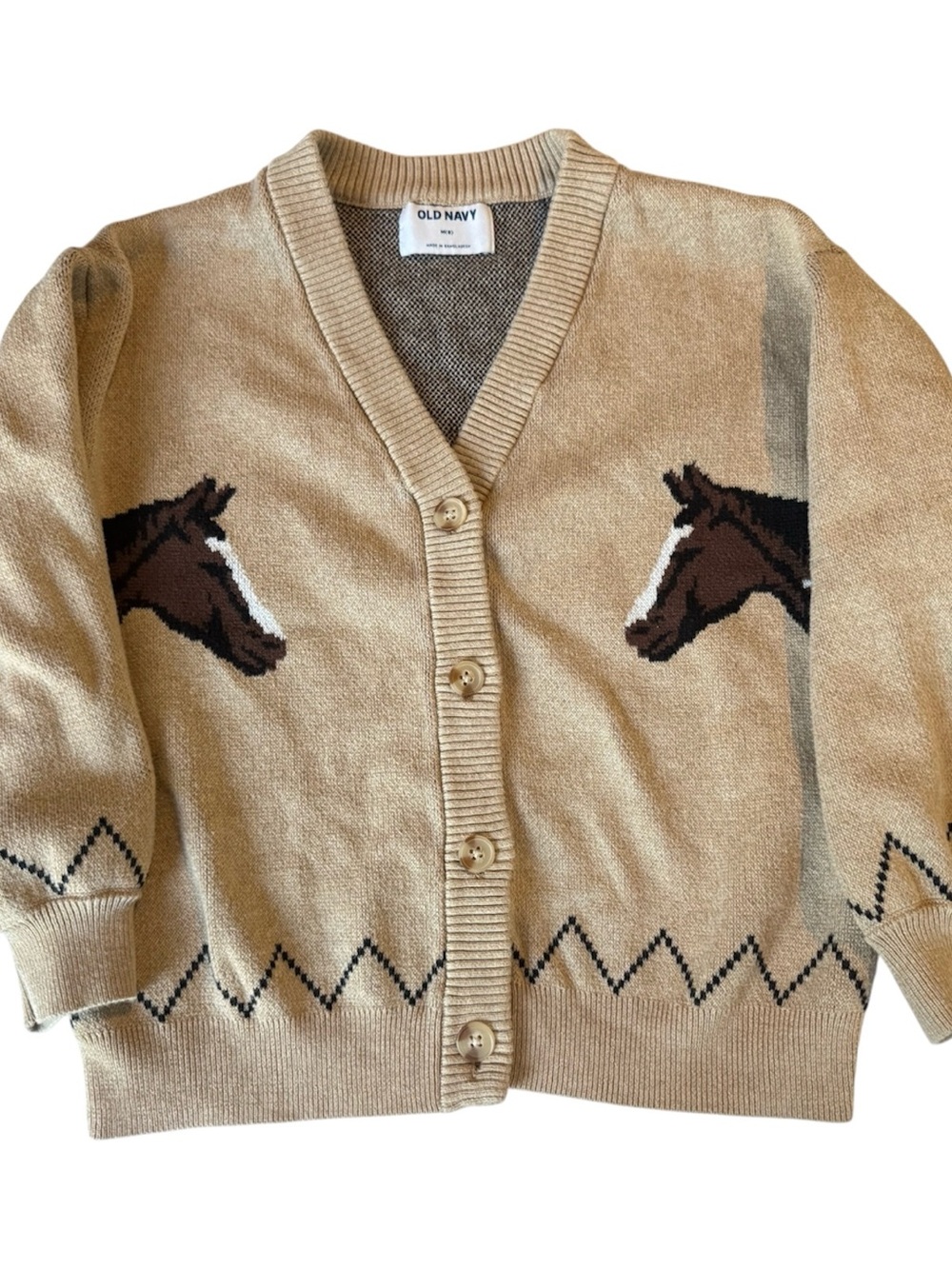 Old Navy Beige and Brown Horse Intarsia Cardigan